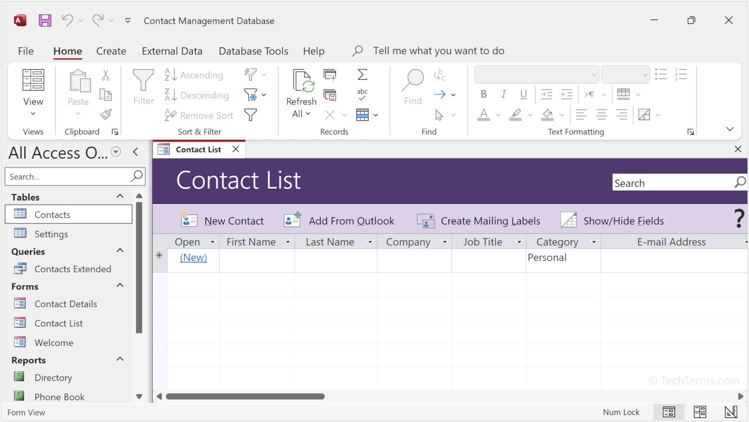 A new Contacts List database in Access