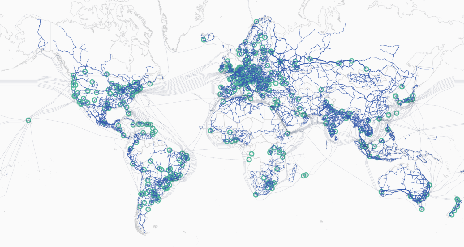 A map of global fiber backbone networks and Internet exchange points