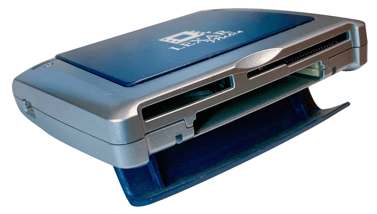 A Lexar multi-card reader with slots for SD, CF, and Memory Stick cards