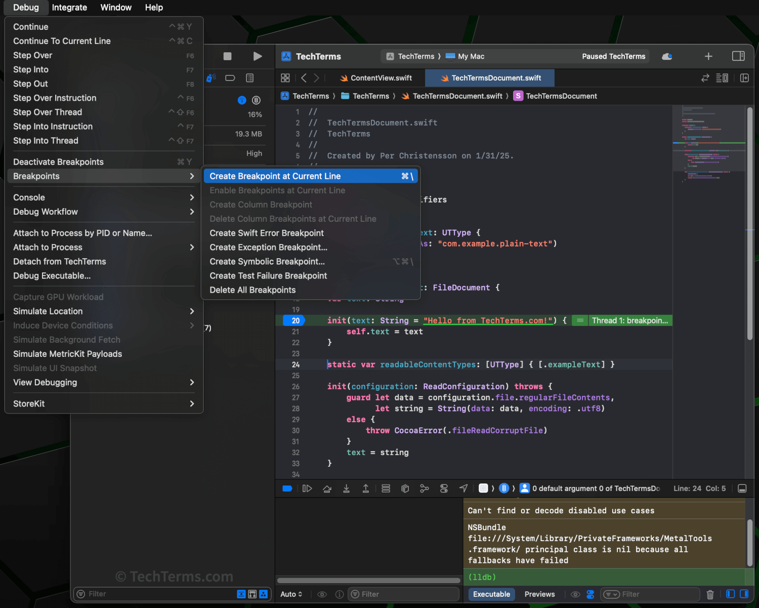 Debugging an application with Apple Xcode