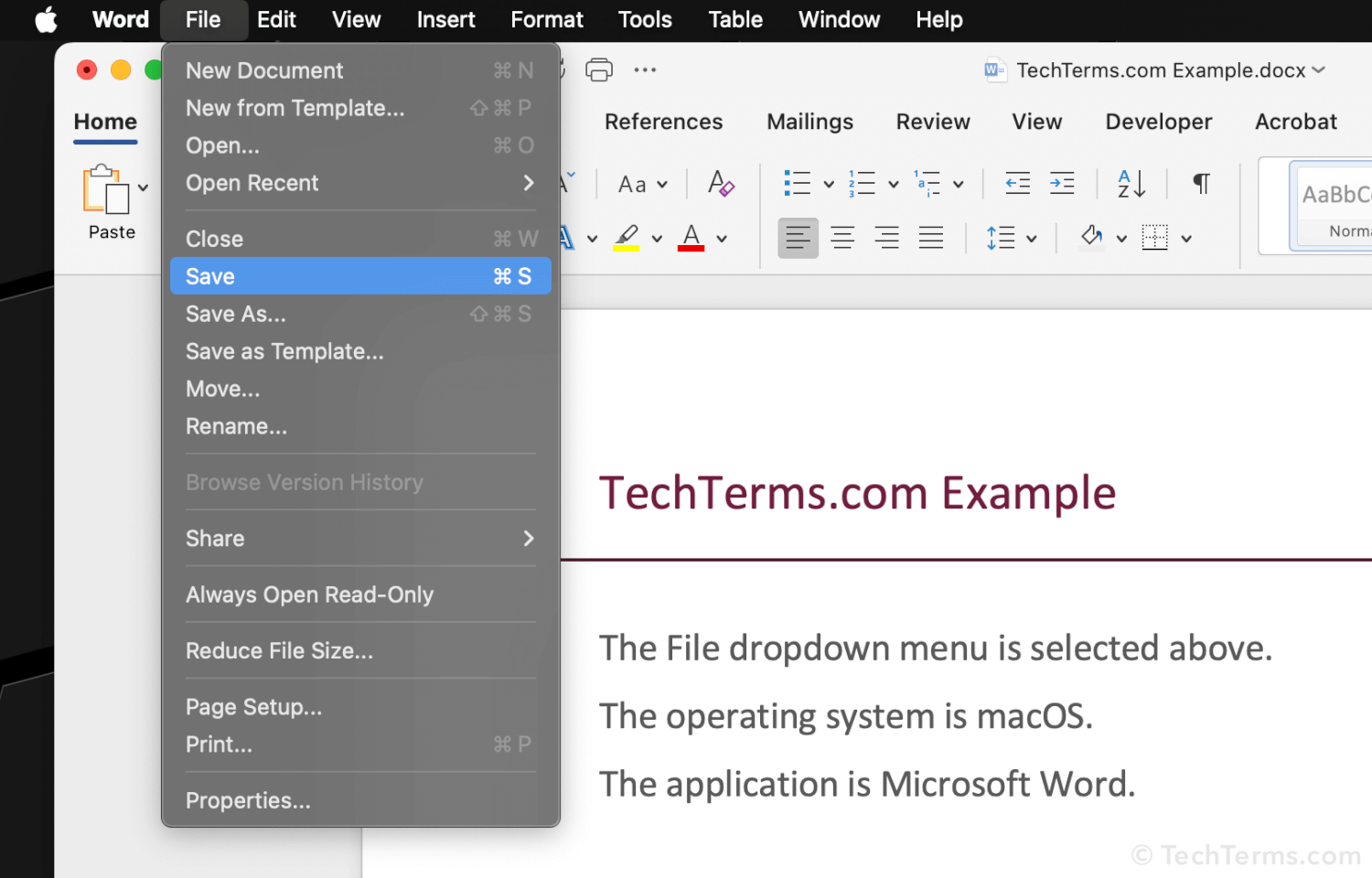 File Dropdown Menu in the macOS version of Microsoft Word