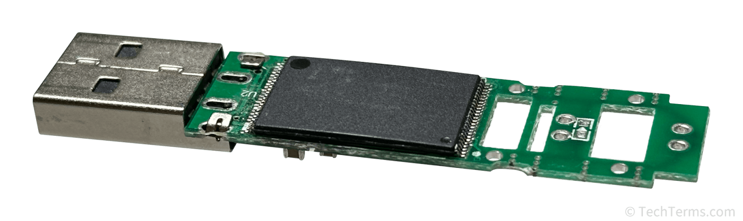 A flash memory chip inside a USB flash drive