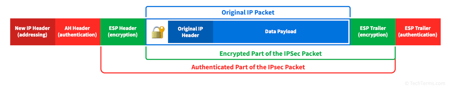 A secure IPsec packet contains an encrypted and authenticated IP data packet 