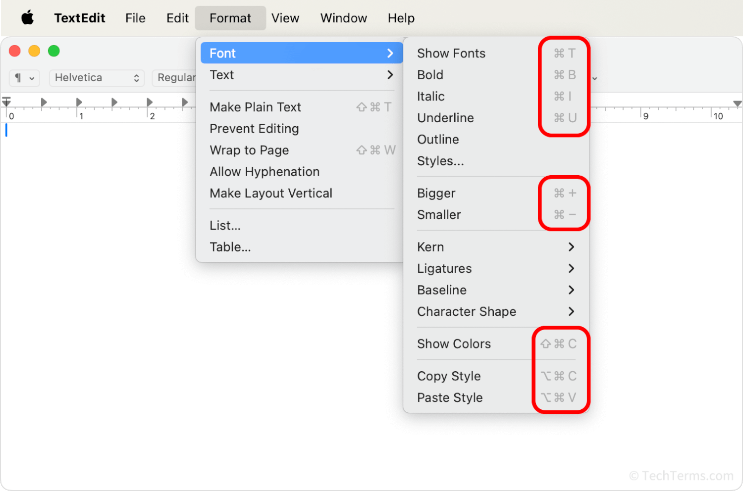 Several keyboard shortcuts for commands in the TextEdit Font menu