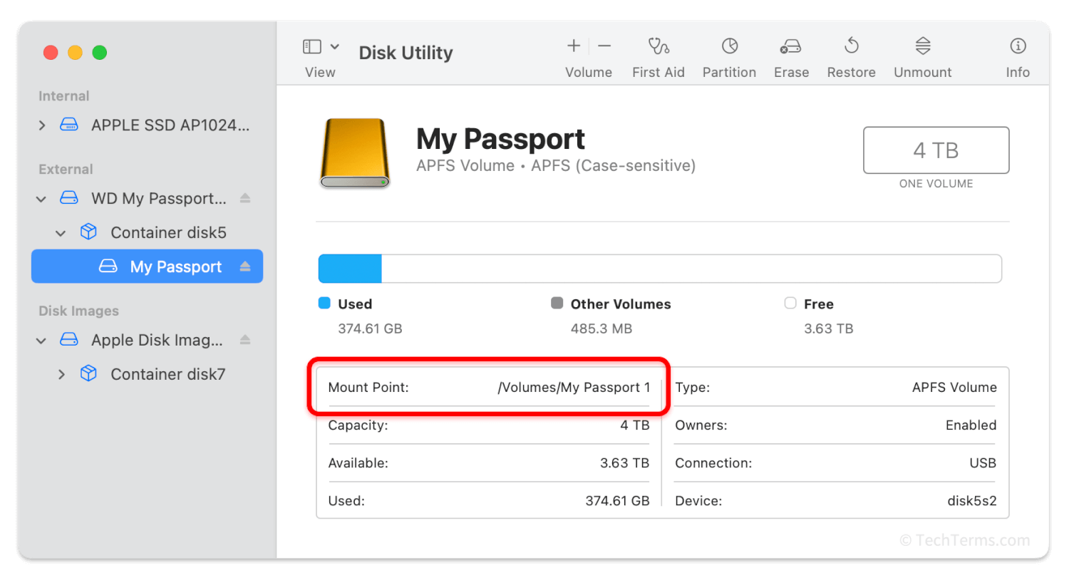 An external hard drive mounted in macOS, with its location in the file system highlighted