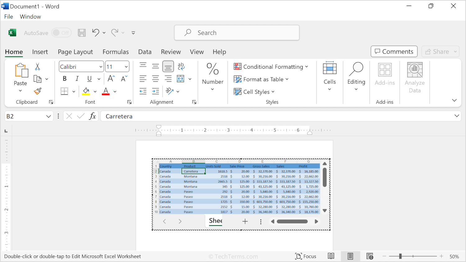 Editing an embedded Excel spreadsheet in a Word document