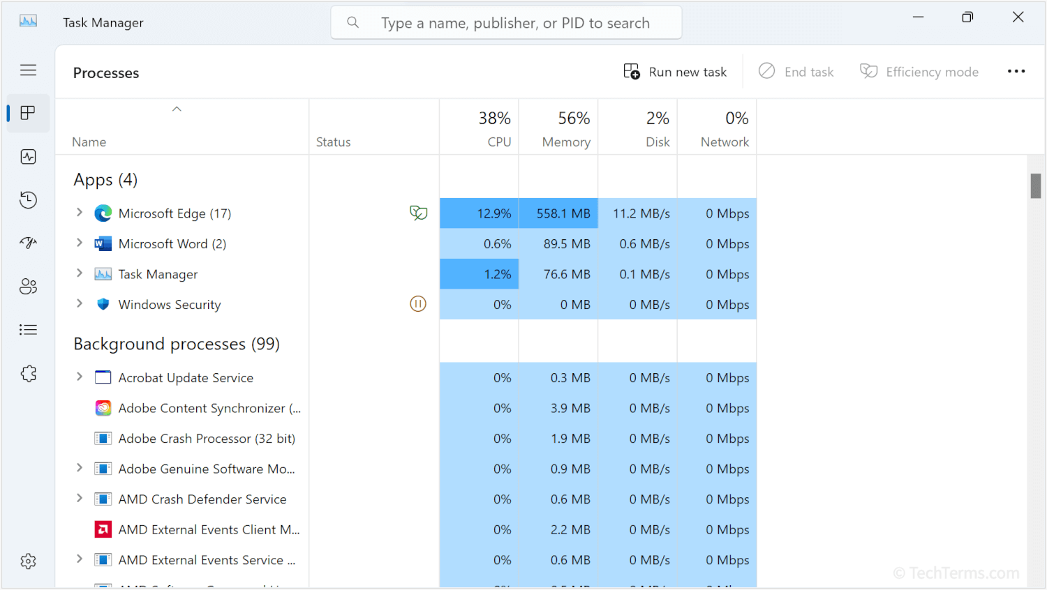 Application processes and background processes in the Windows Task Manager