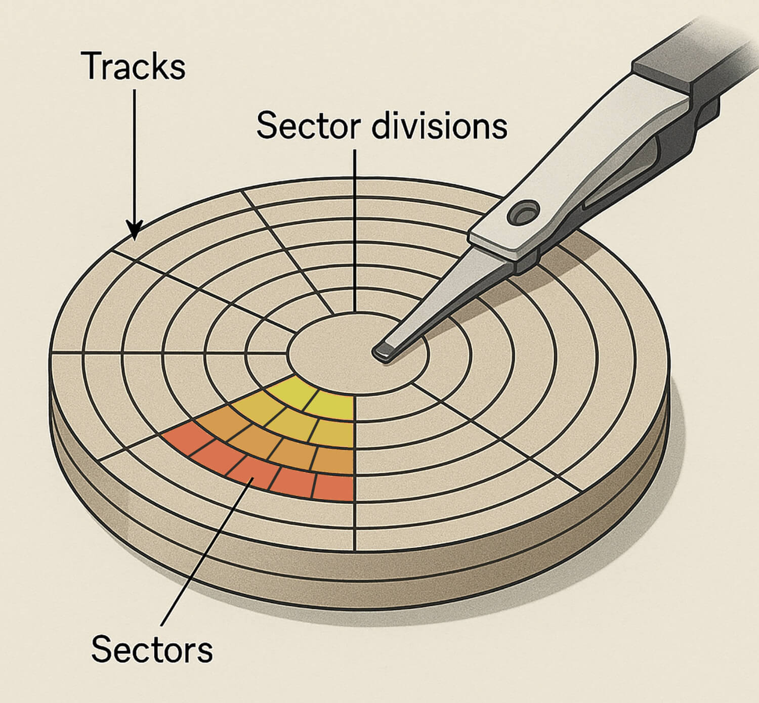 Drawing of a hard drive that shows tracks and sectors