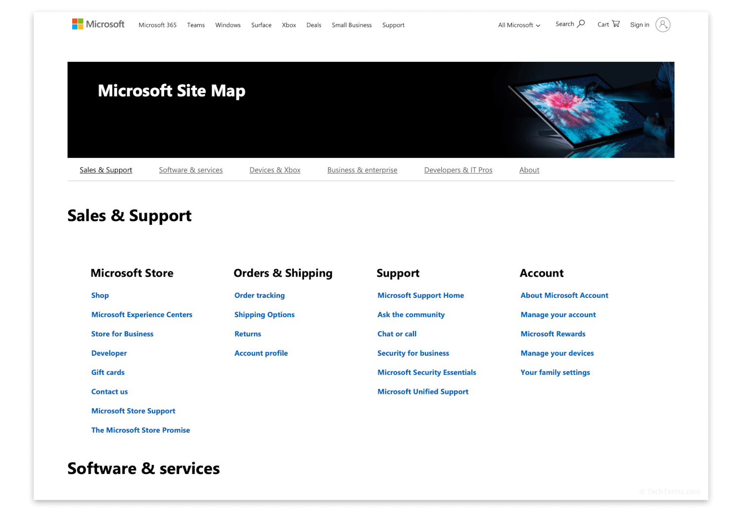 The sitemap page for Microsoft's website, which displays links to important pages organized by category