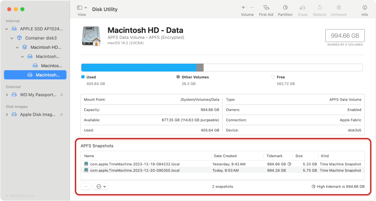 An APFS volume's snapshots listed in the macOS Disk Utility app