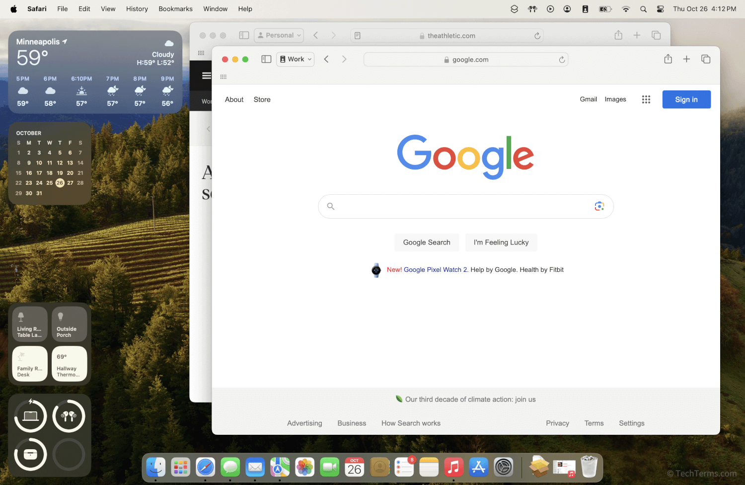macOS Sonoma desktop with widgets and multiple Safari profiles