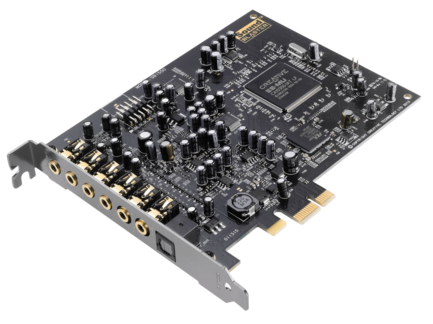 A Creative SoundBlaster sound card with multiple audio input and output jacks, including a digital Toslink connector