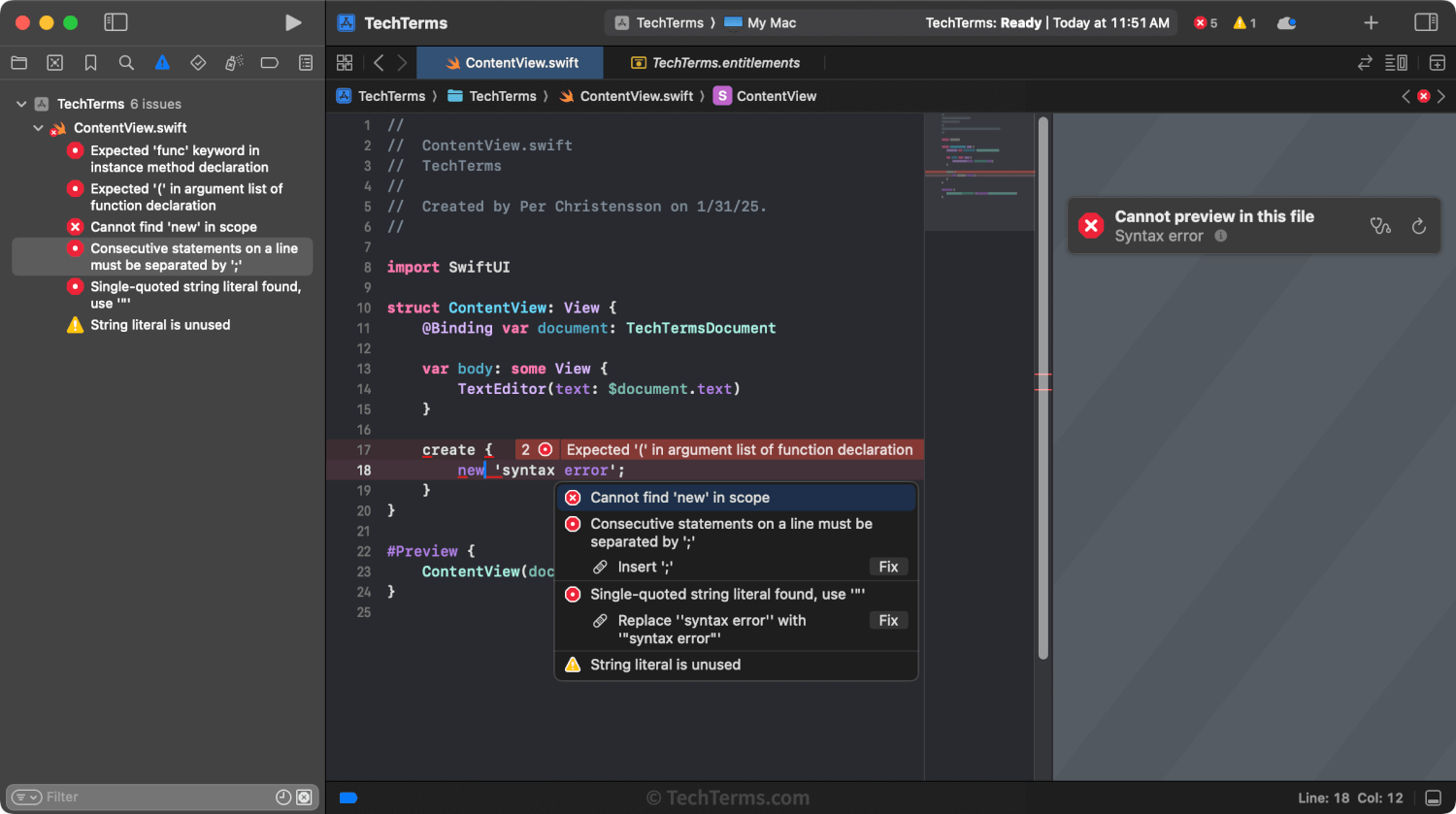 Syntax error detected by Apple Xcode