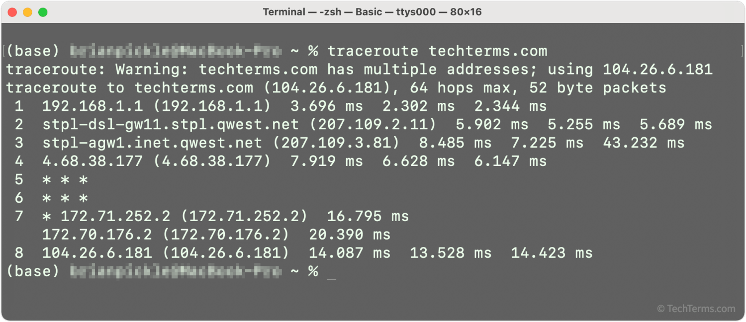 A traceroute of techterms.com in a macOS Terminal window