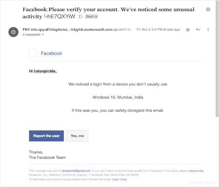 A phishing attempt imitating an email from Facebook