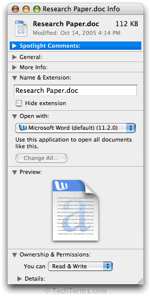 "Get Info" window in Mac OS X 10.4 Tiger