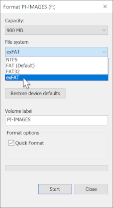 The Format Disk dialog box in Windows showing exFAT as one of the available file systems