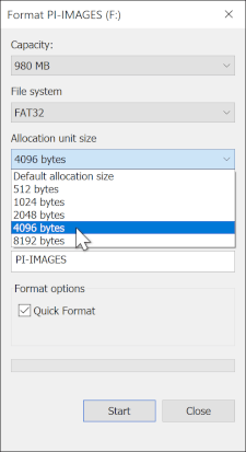  The Format Disk dialog box in Windows showing several different cluster sizes available when formatting a disk as FAT32