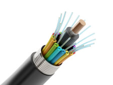 A fiber optic cable consists of thin filaments that carry data via pulses of light