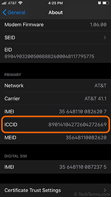 iPhone SE displaying ICCID