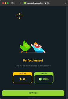 Congratulations for a perfect lesson in Duolingo