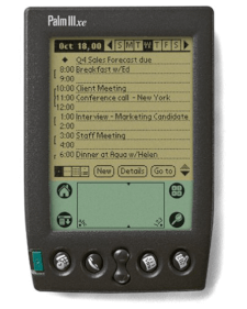 A Palm IIIxe PDA displaying a daily calendar