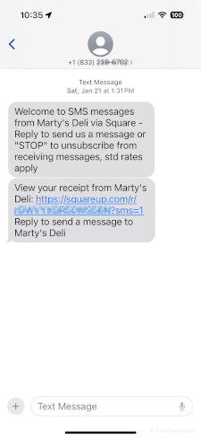 An automated SMS message containing a receipt