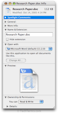 "Get Info" window in Mac OS X 10.4 Tiger