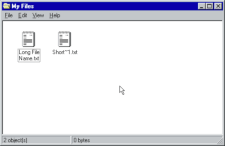 A file with a long file name (left) and one with a truncated file name (right) in Windows 95