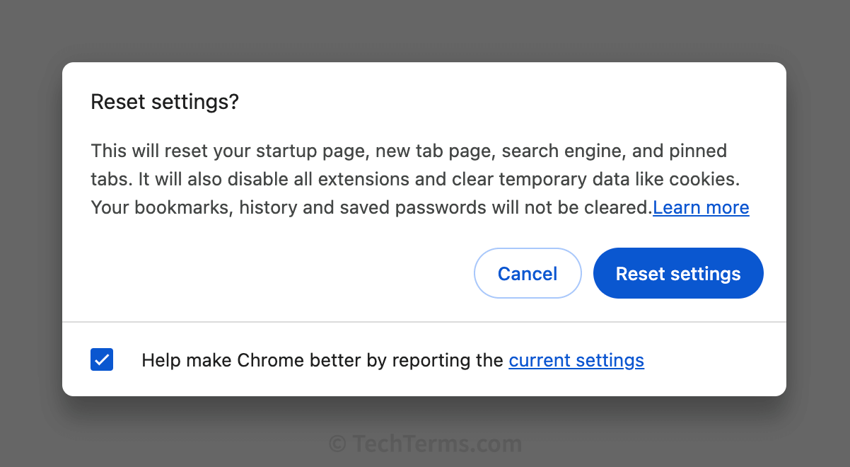 Chrome Reset Alert Box