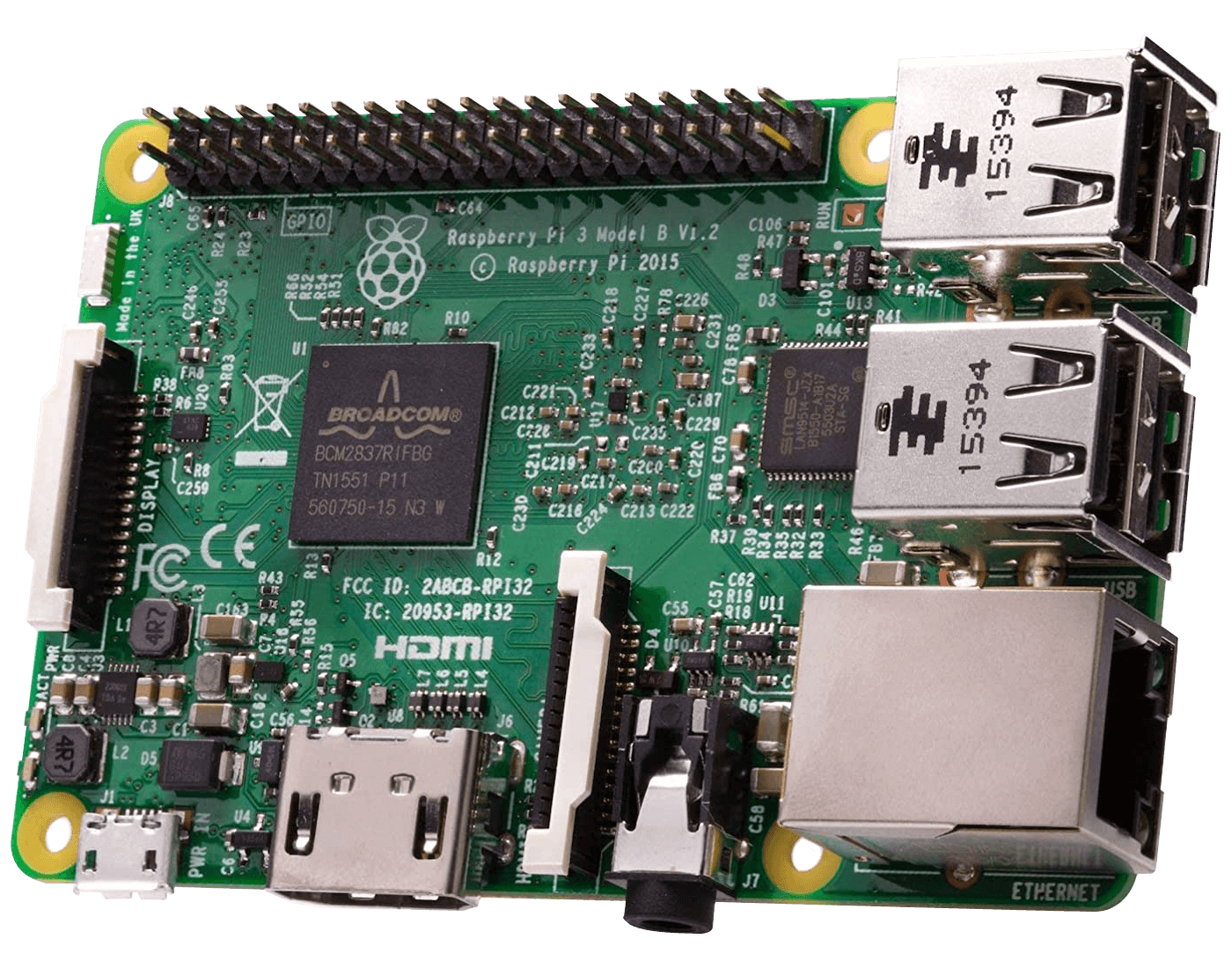 A Raspberry Pi computer with a Broadcom-made ARM CPU