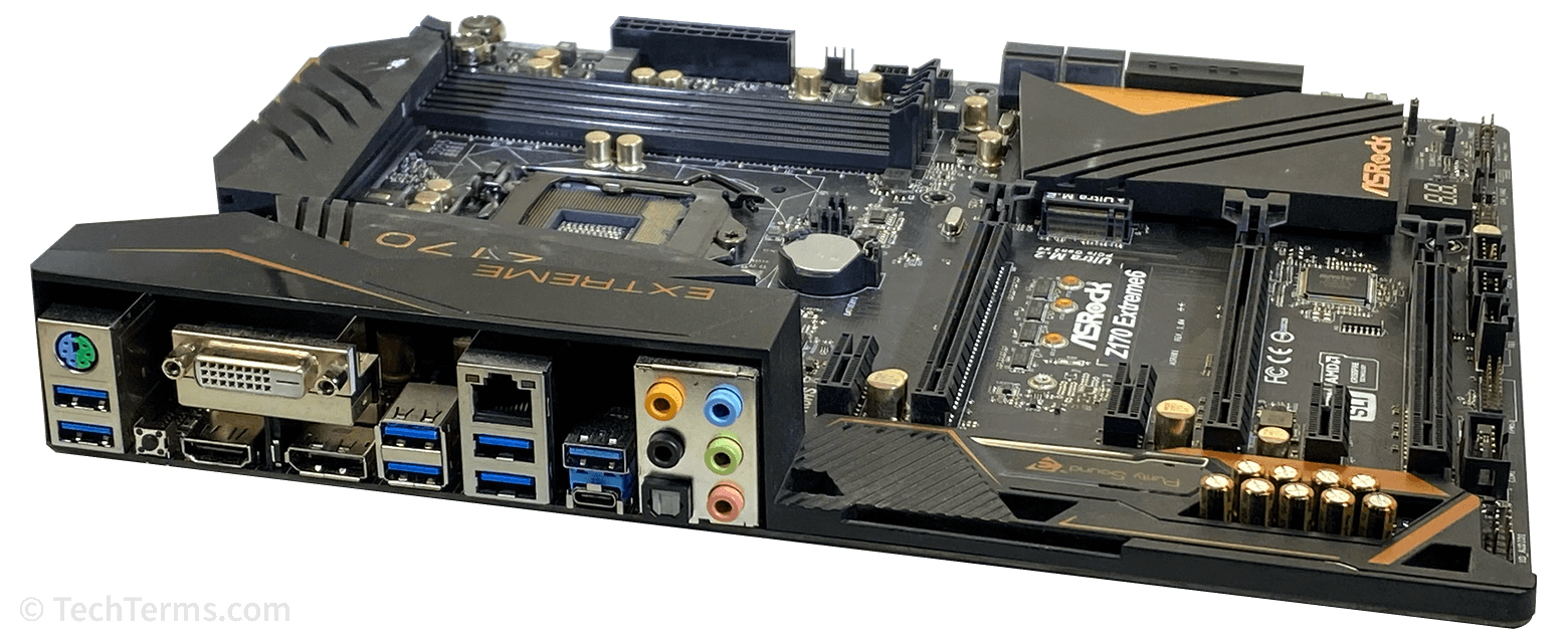 An ATX motherboard, showing the layout of its I/O panel