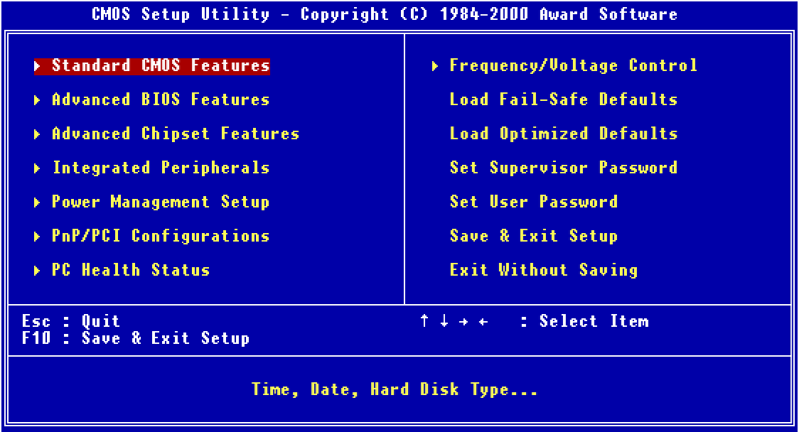 A typical BIOS menu screen