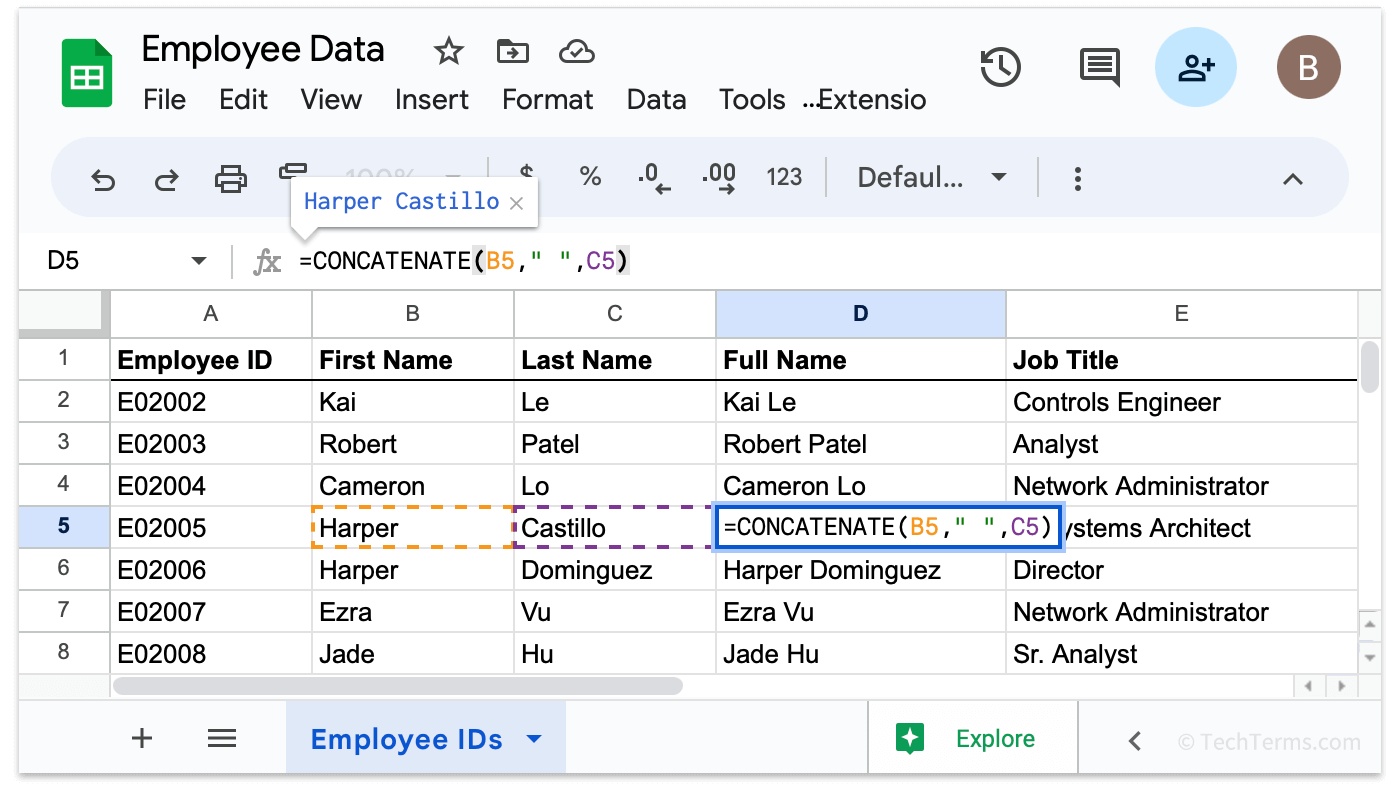 Two cells in a spreadsheet joined using a concatenate function