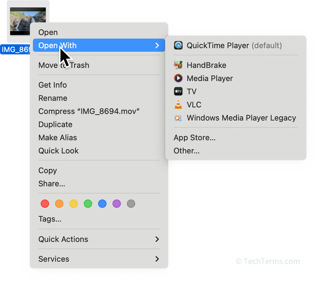 A contextual menu in macOS when right-clicking a video file