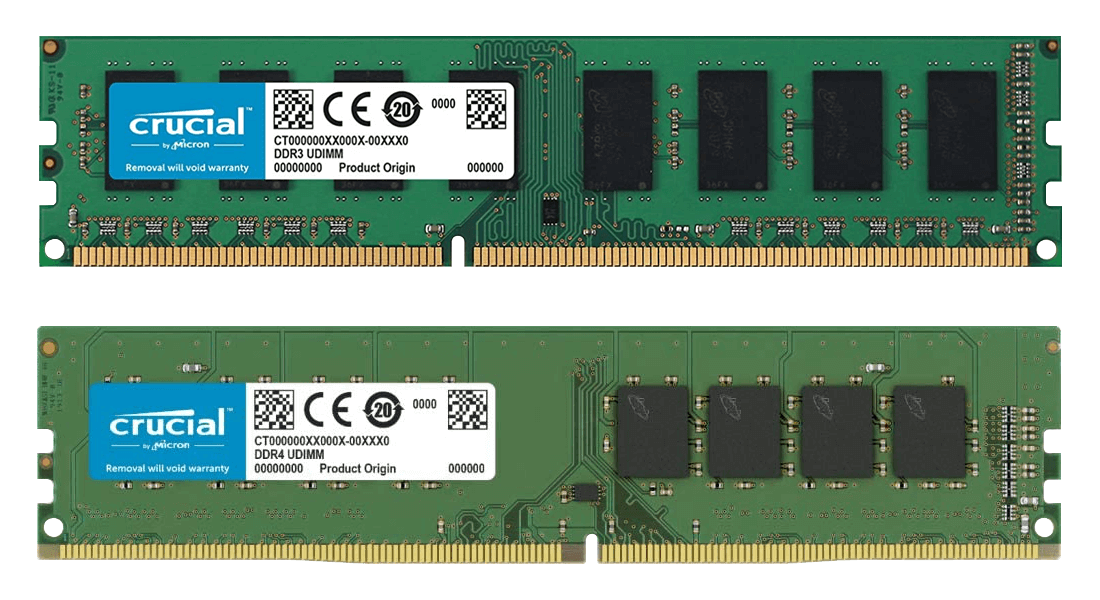 A Crucial DDR3 DIMM (top) and a Crucial DDR4 DIMM (bottom), with different numbers of contact pins and a relocated notch