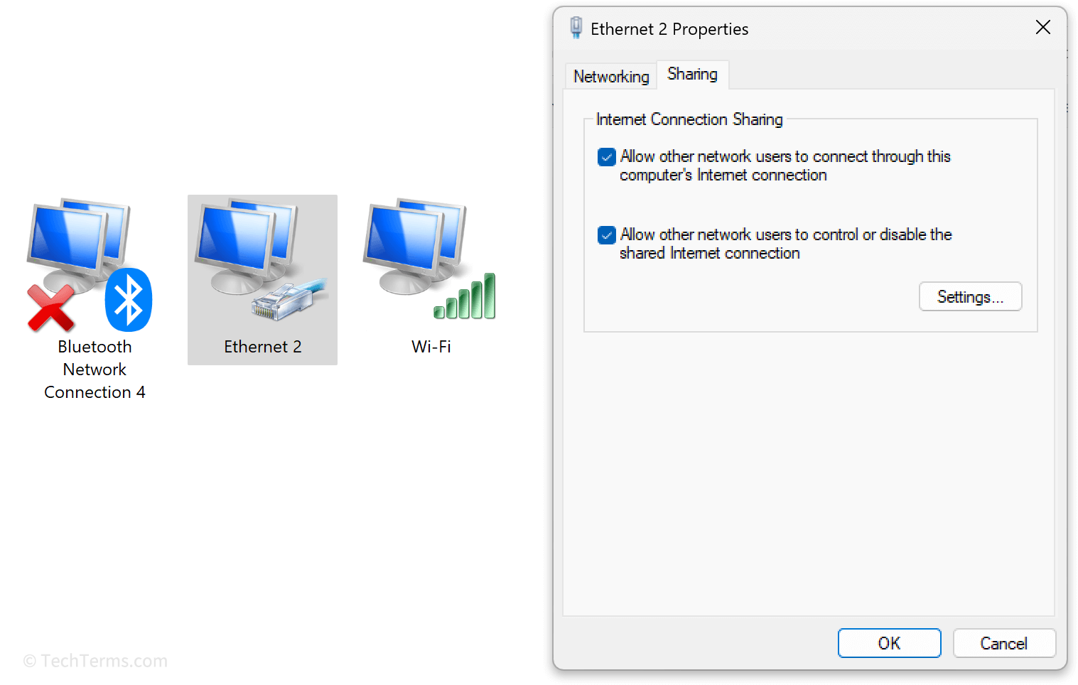 A Windows computer sharing its Internet connection