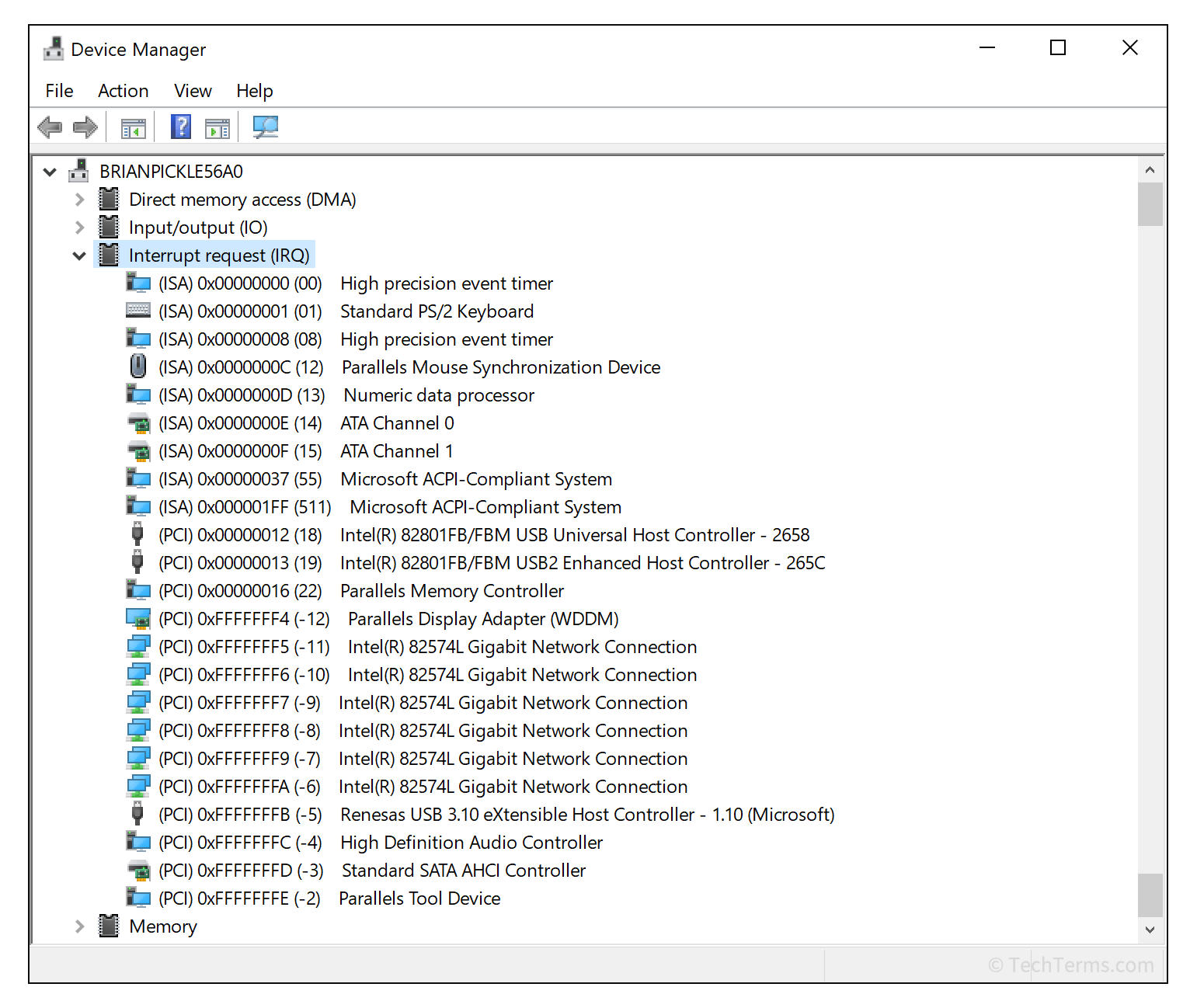 A list of IRQ addresses in Windows