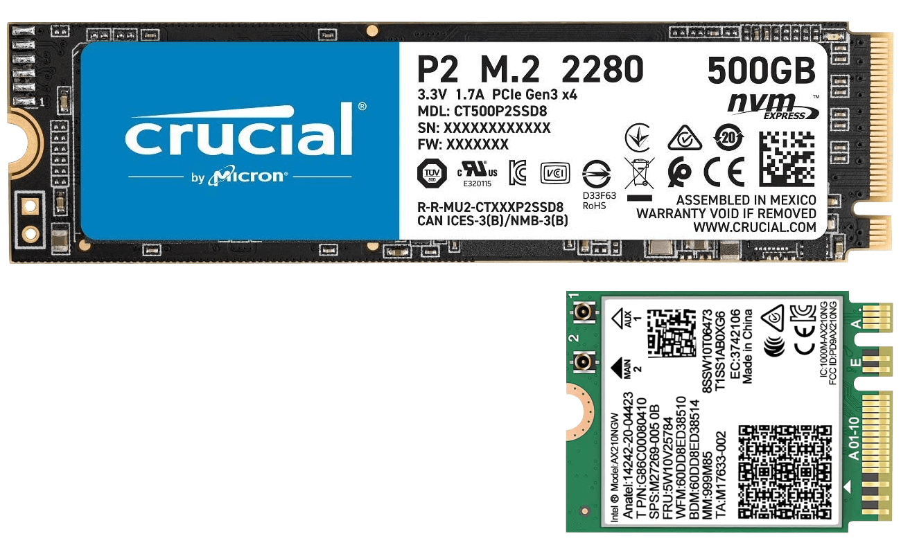 A Crucial NVMe SSD, keyed M and sized 2280 (top), and an Intel Wi-Fi card, keyed A+E and sized 2230 (bottom)