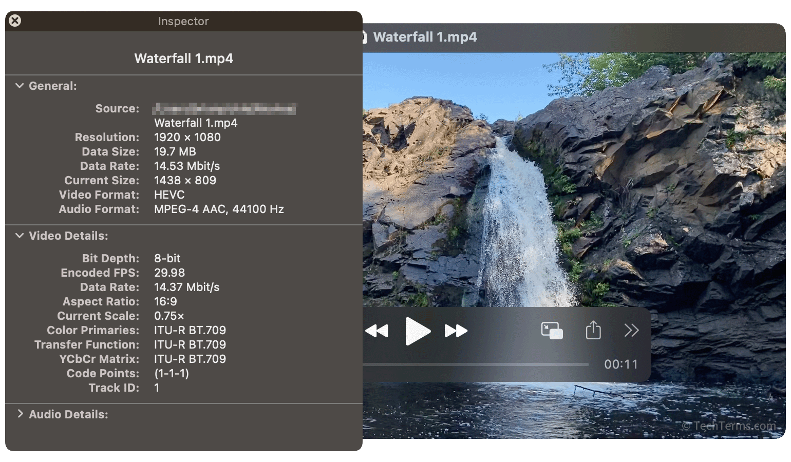 A video compressed using the HEVC video codec and the AAC audio codec