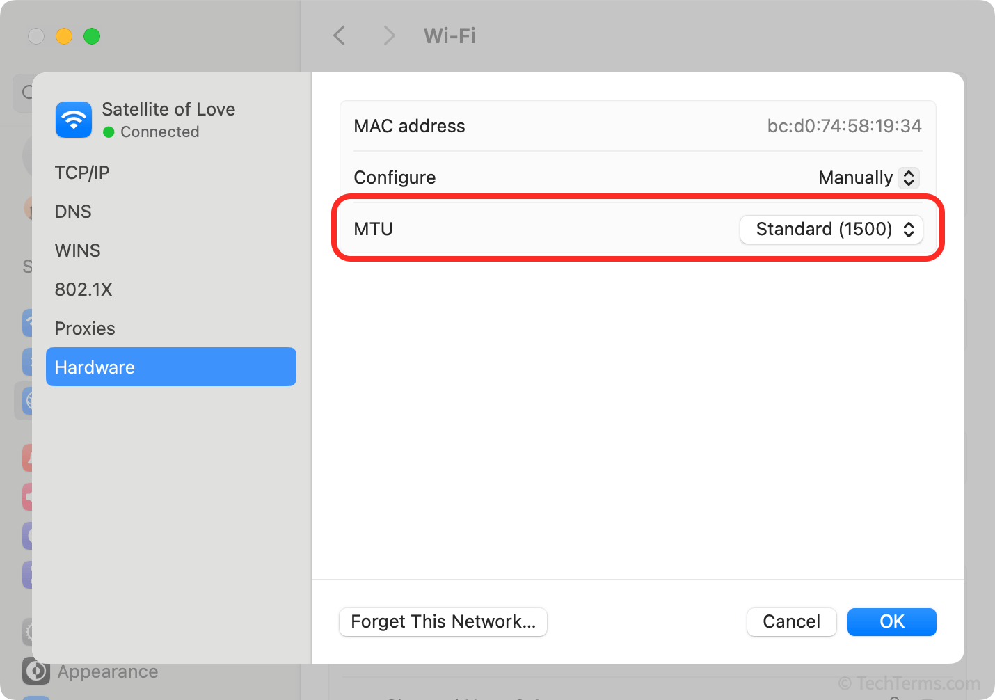 A network connection's MTU setting in macOS