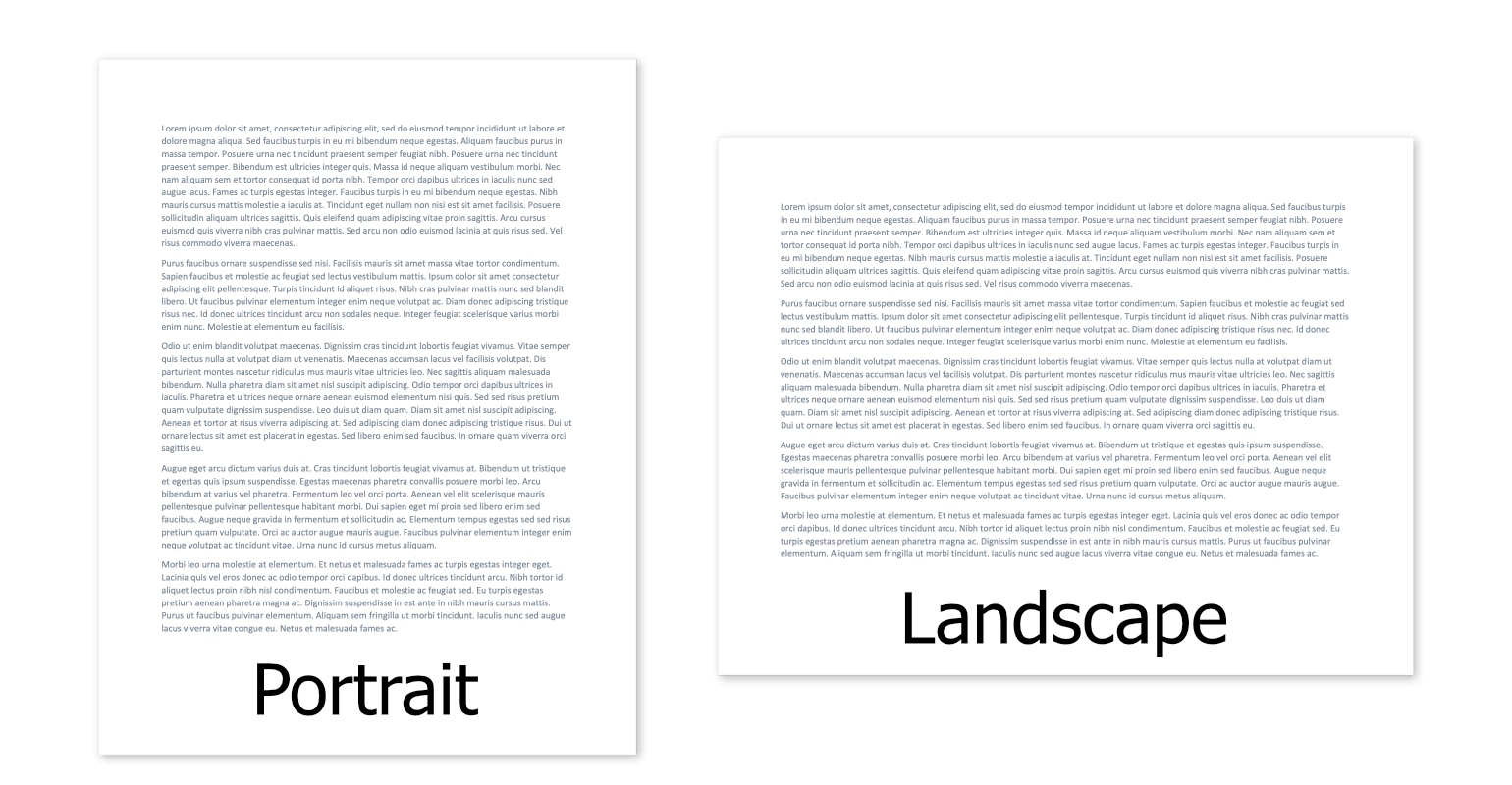 Portrait layouts (left) are tall, while landscape layouts (right) are wide