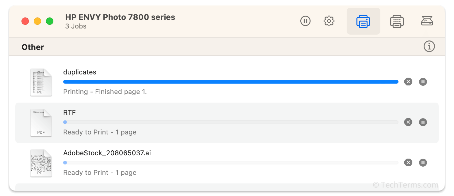 A printer queue in macOS with two documents waiting for the current job to print