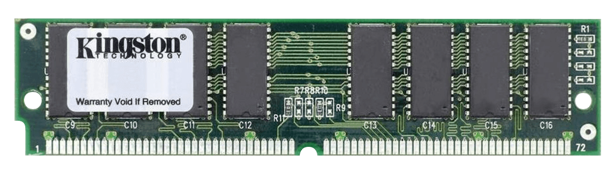 A Kingston 72-pin SIMM, showing the off-center installation notch