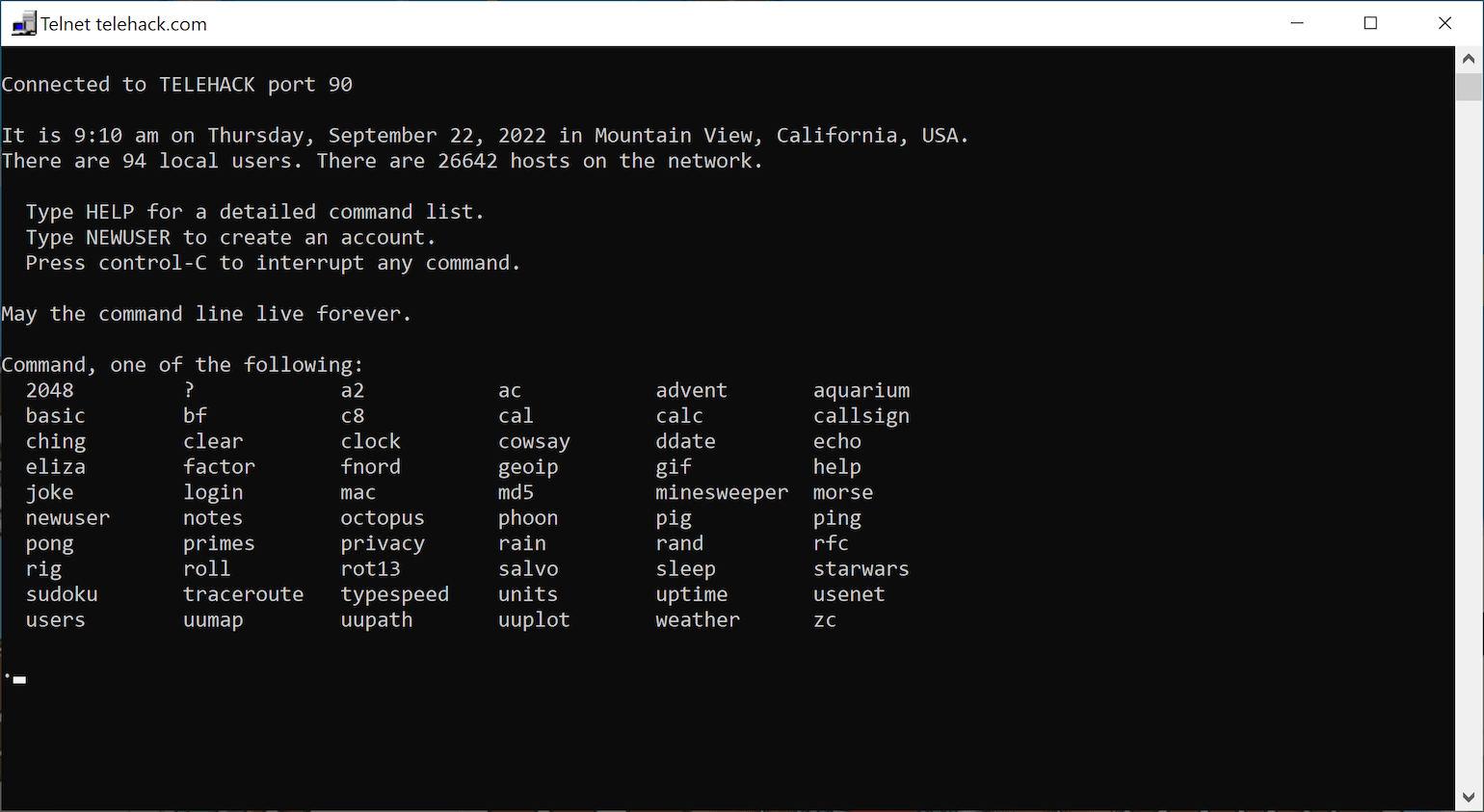 A telnet client connected to a telnet server