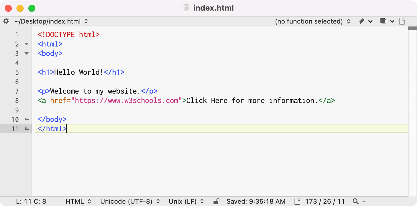 An HTML file in the BBEdit text editor with tags and links highlighted