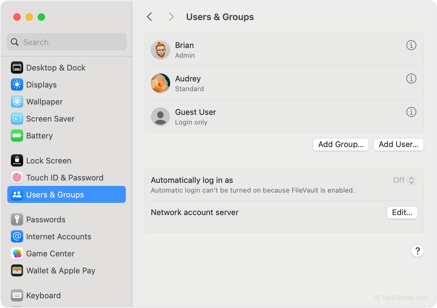 Administrator, standard, and guest user accounts in the macOS System Settings app